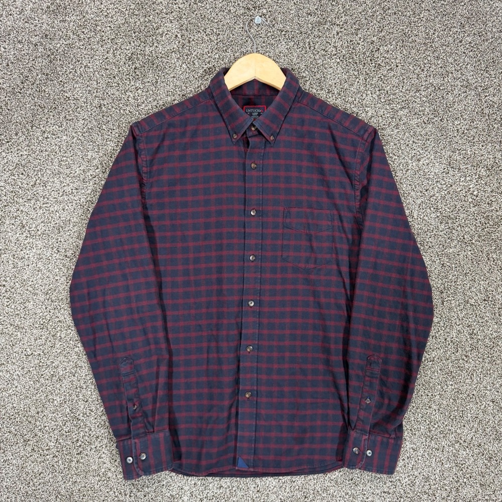 Untuckit Rully Flannel Shirt Mens L Slim Fit Blue Red Plaid Button Down Pocket